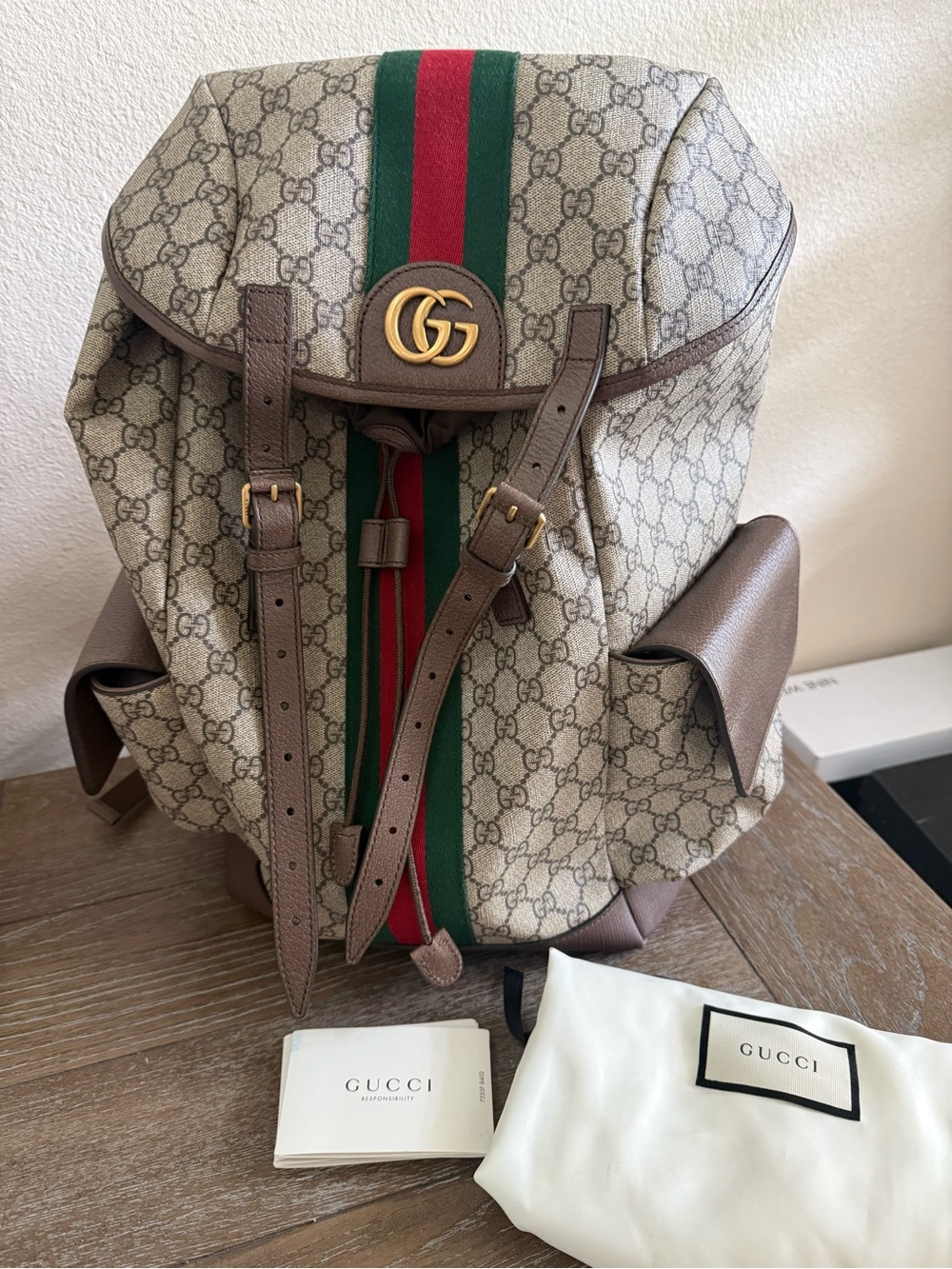 Gucci Beige GG Supreme Backpack with Green and Red Web Stripe